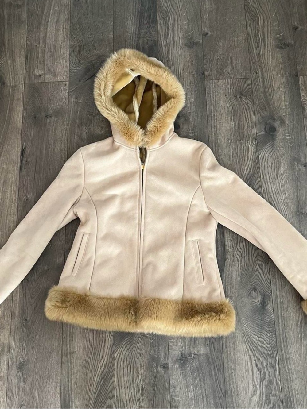 Women's Cream Hooded Faux Fur Trim Coat